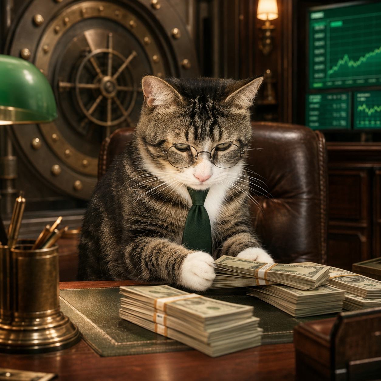 CashCat counting stacks of money at a desk