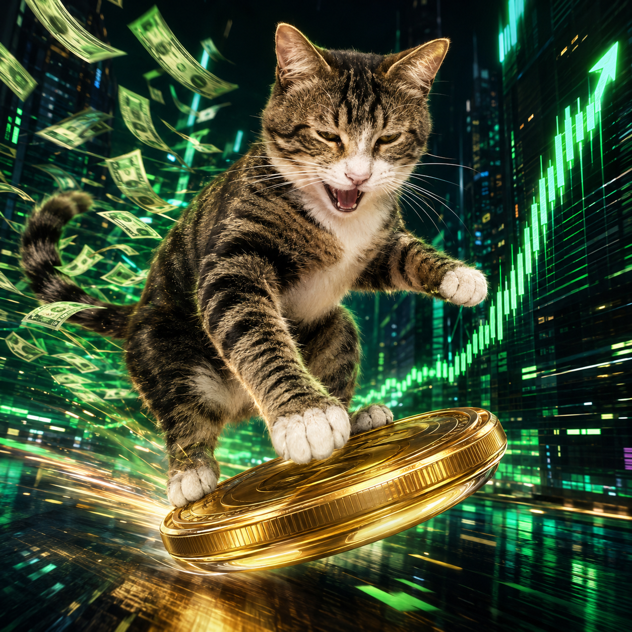 CashCat surfing a golden coin through a neon city